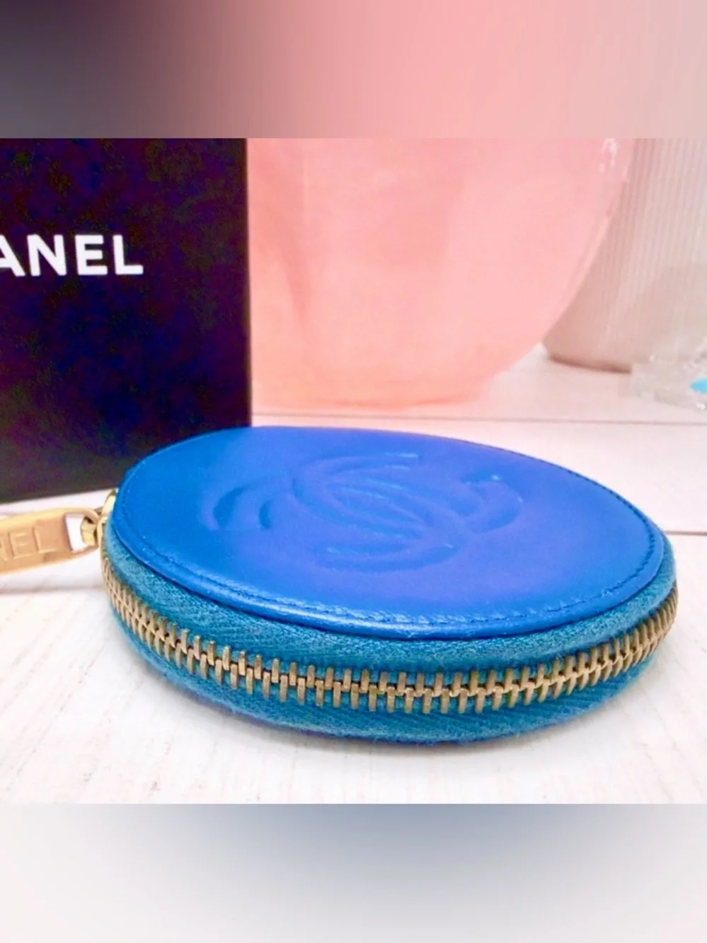 Rare Chanel Blue CC Logo Round Camellia Flower Lambskin Coin Purse Wallet